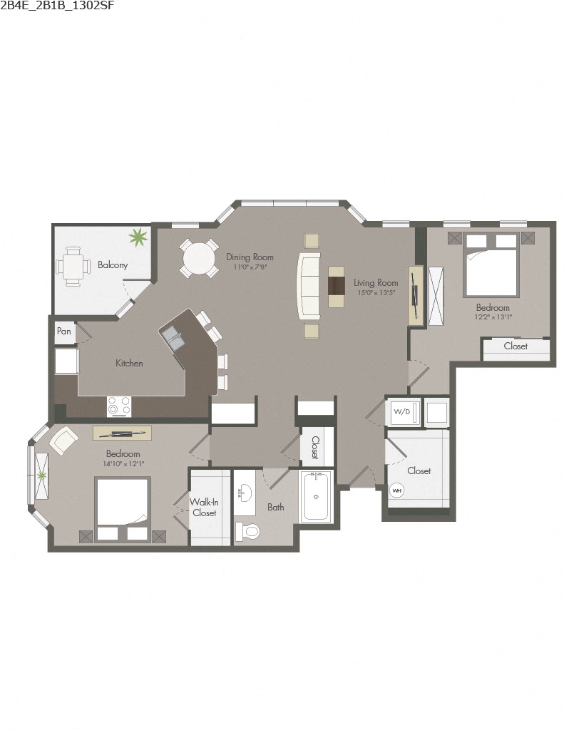 Floor plan for 2 beds, 1 bath, 1303 sqft